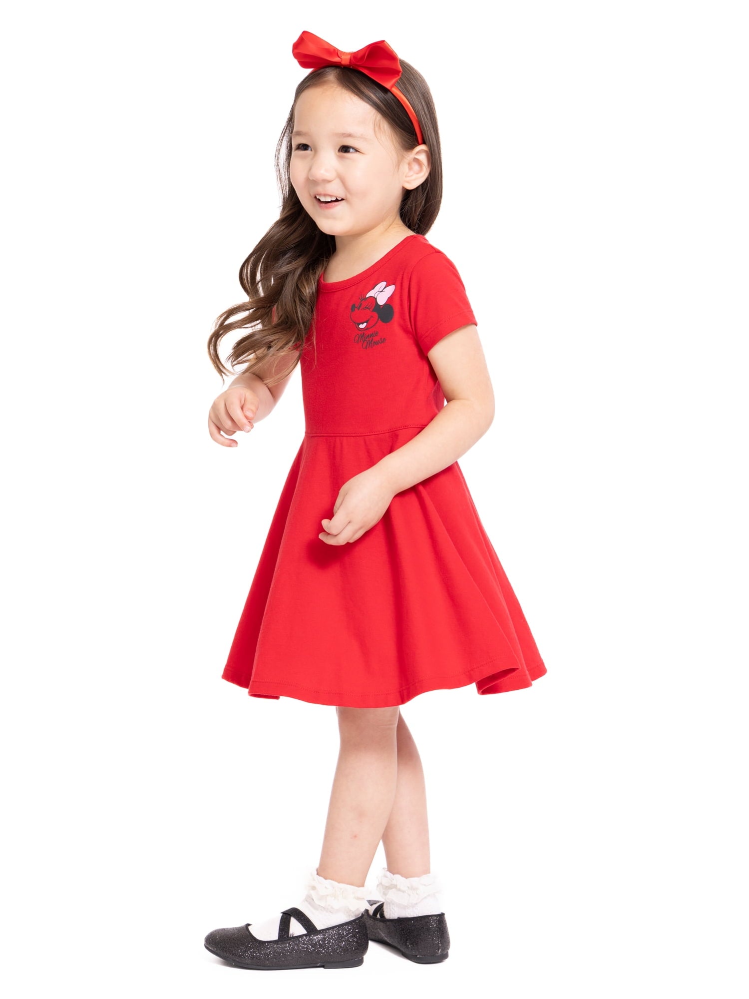 Minnie Mouse Toddler Girls Graphic Print Skater Dress with Short Sleeves, Sizes 12M-5T