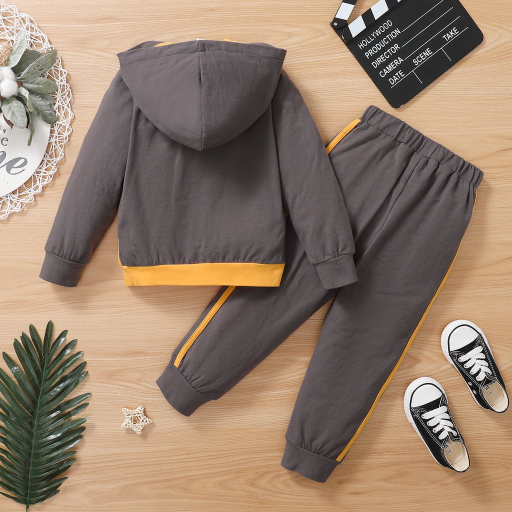 KIMI BEAR Infant Boys Outfits 18 Months Infant Boy Autumn Winter Outfits 24 Months Infant Boy Cozy Color-block Hooded Long Sleeve Top + Pants 2PCs Set Yellow