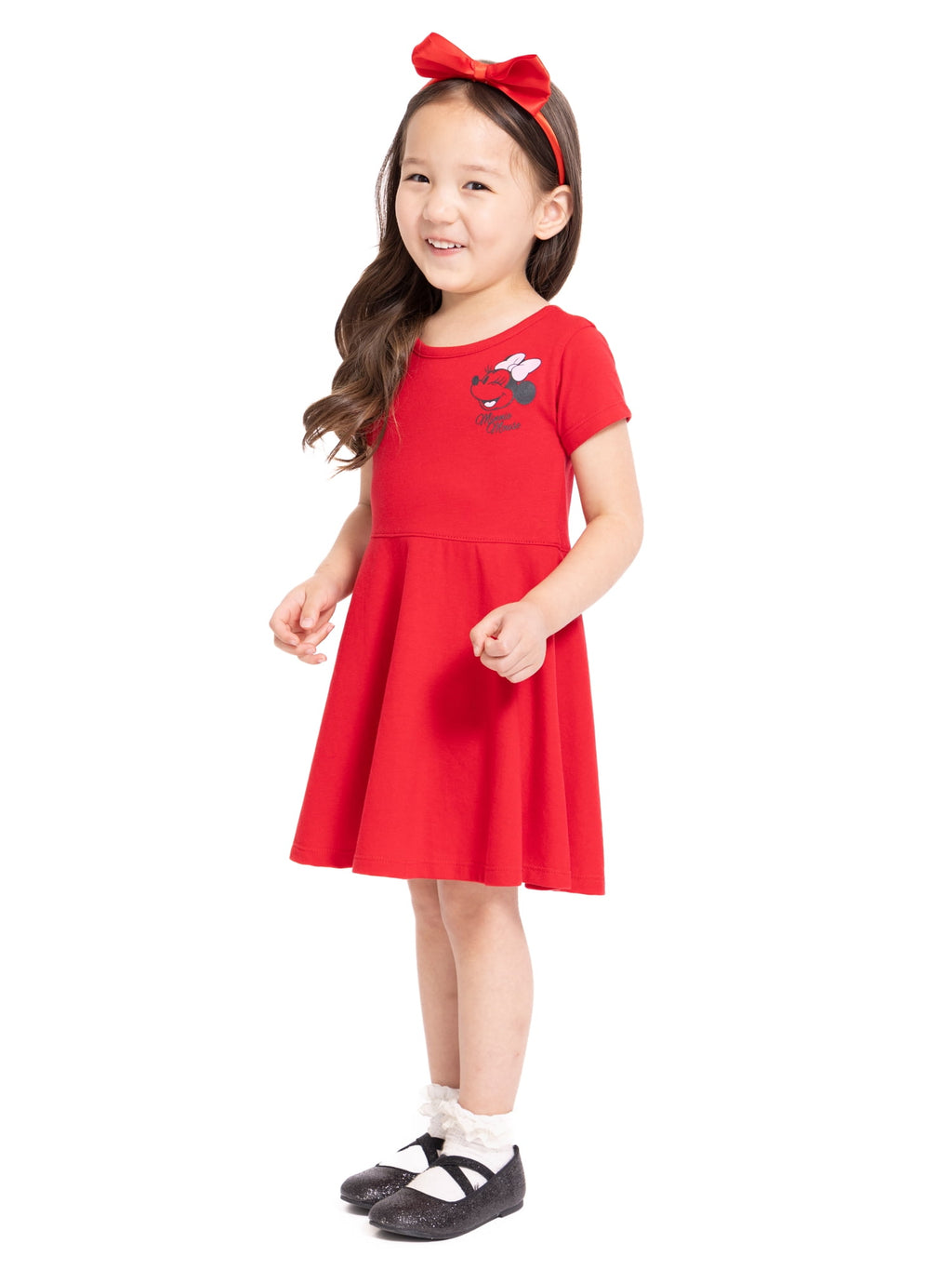 Minnie Mouse Toddler Girls Graphic Print Skater Dress with Short Sleeves, Sizes 12M-5T