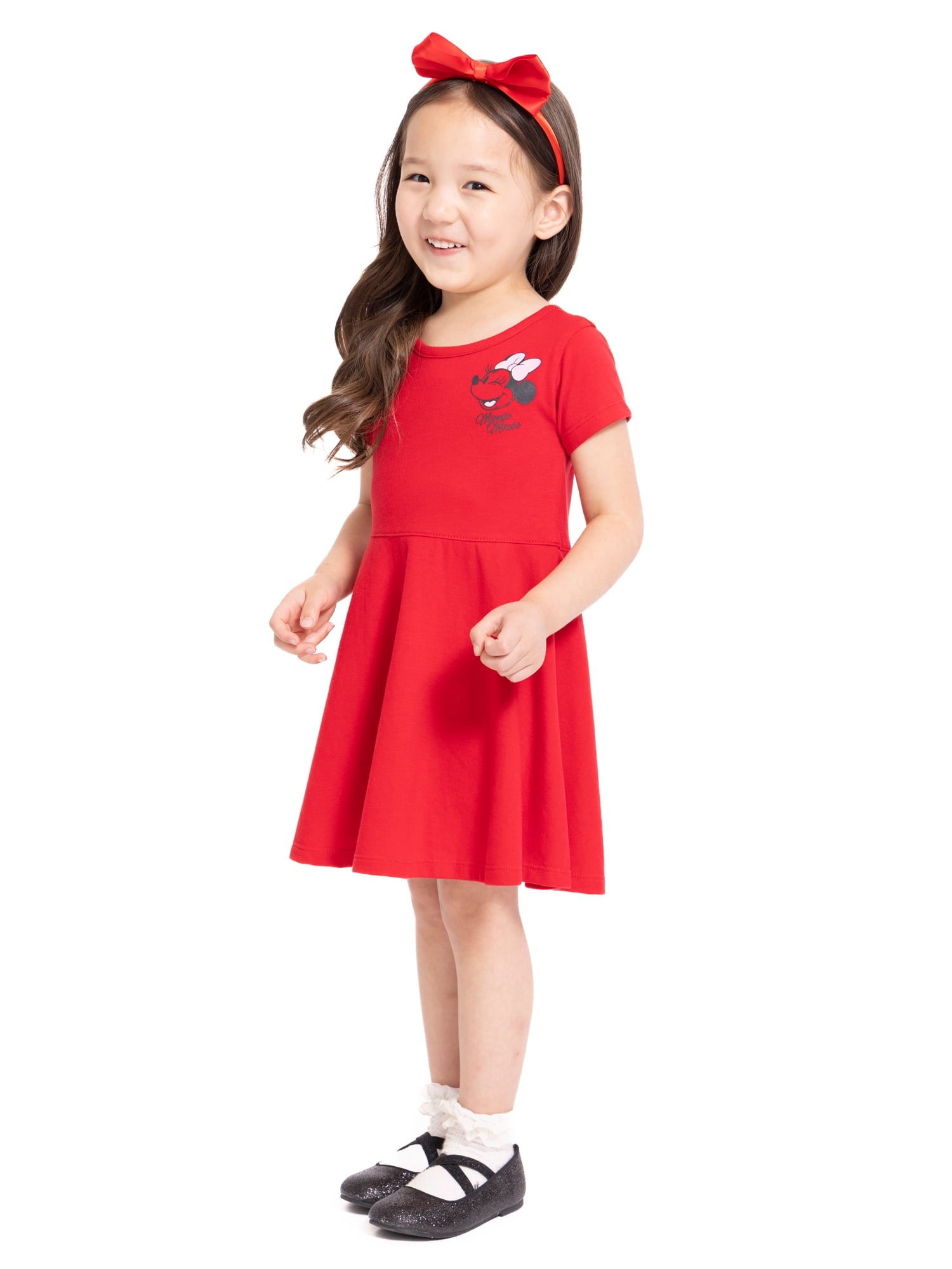 Minnie Mouse Toddler Girls Graphic Print Skater Dress with Short Sleeves, Sizes 12M-5T