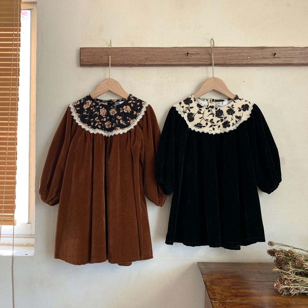 Godderr Newborn Toddler Velvet Princess Dress Lace Lace Dress 9M-4Y Girls Long Sleeve Casual Dress Crewneck Autumn Party Dress