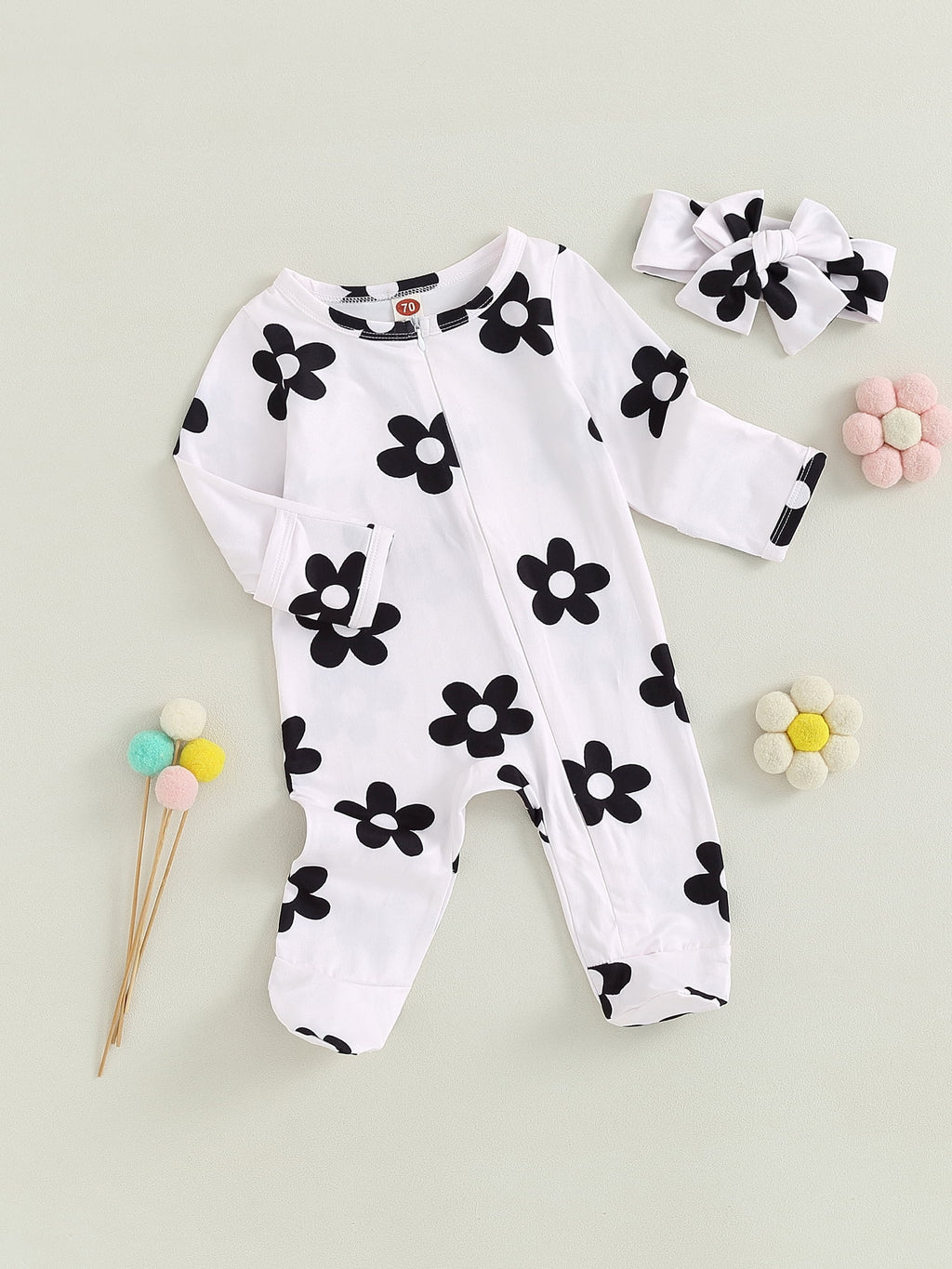 Canis Lovely Baby Girl 2Pcs Fall Outfits: Floral Print Zip Up Jumpsuit and Headband Ensemble