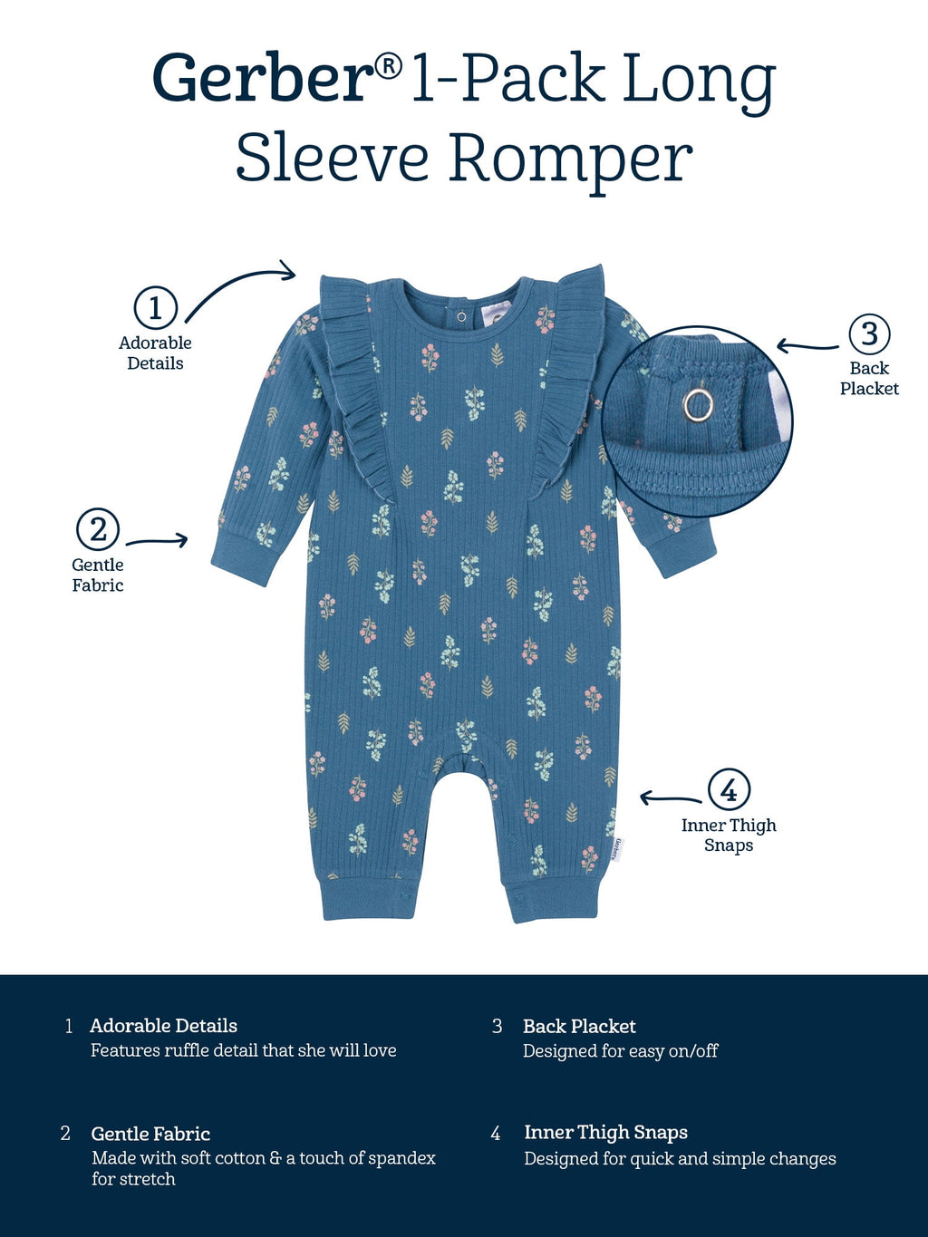 Gerber Baby Girl Long Sleeve Romper with Ruffles, Sizes Newborn - 24 Months