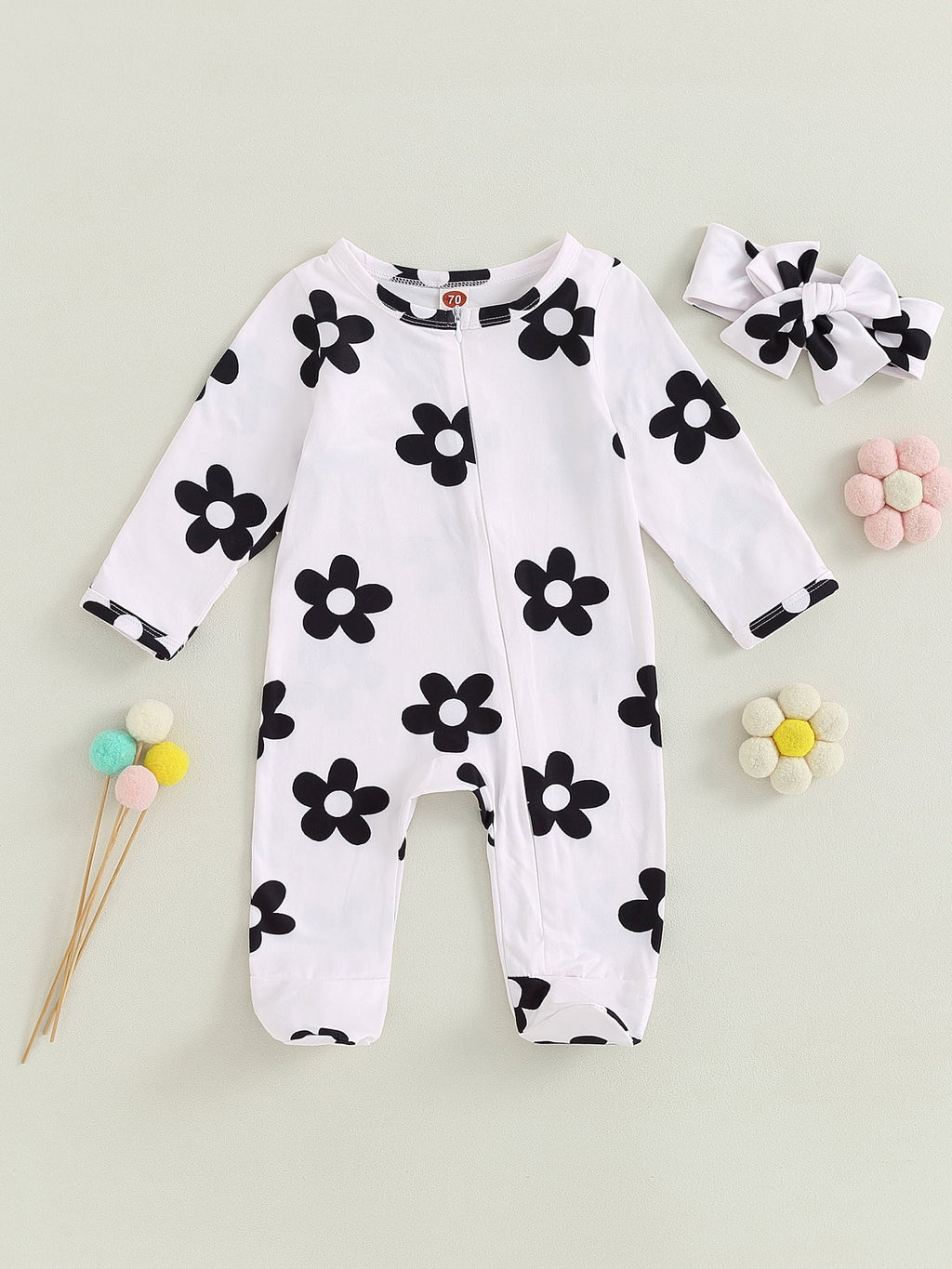 Canis Lovely Baby Girl 2Pcs Fall Outfits: Floral Print Zip Up Jumpsuit and Headband Ensemble