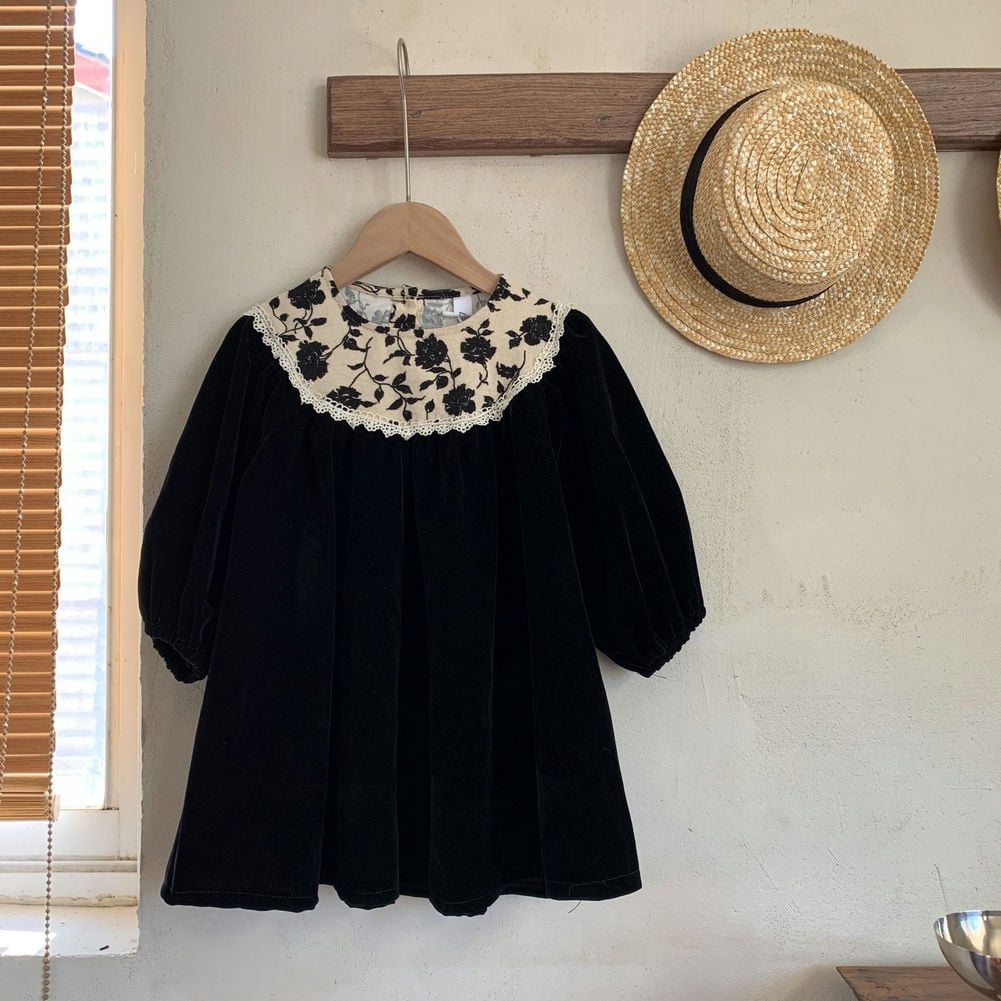 Godderr Newborn Toddler Velvet Princess Dress Lace Lace Dress 9M-4Y Girls Long Sleeve Casual Dress Crewneck Autumn Party Dress