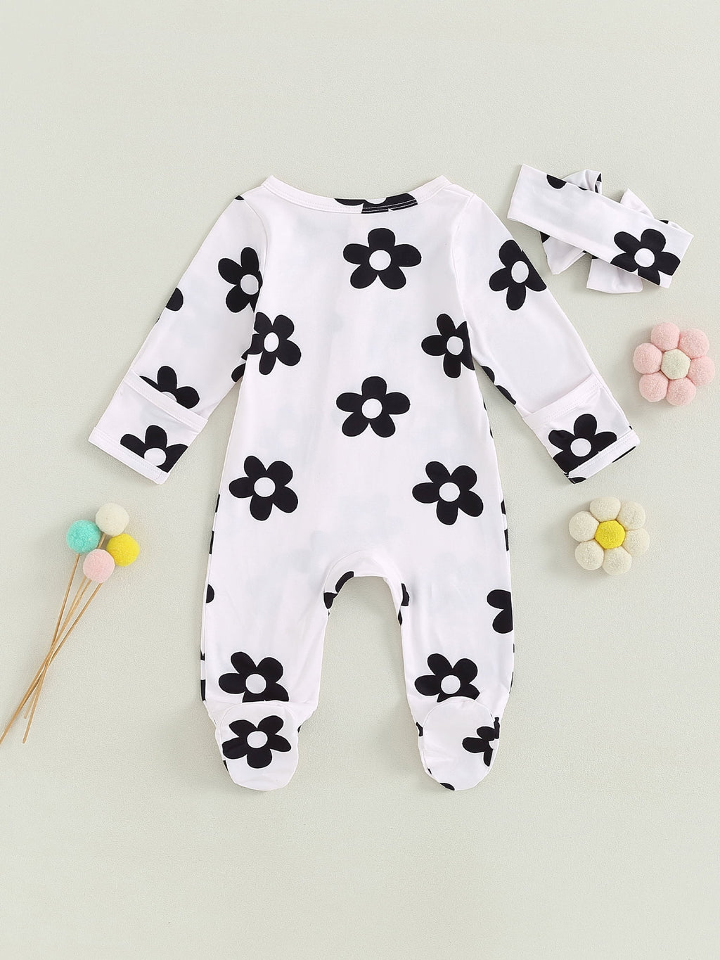 Canis Lovely Baby Girl 2Pcs Fall Outfits: Floral Print Zip Up Jumpsuit and Headband Ensemble