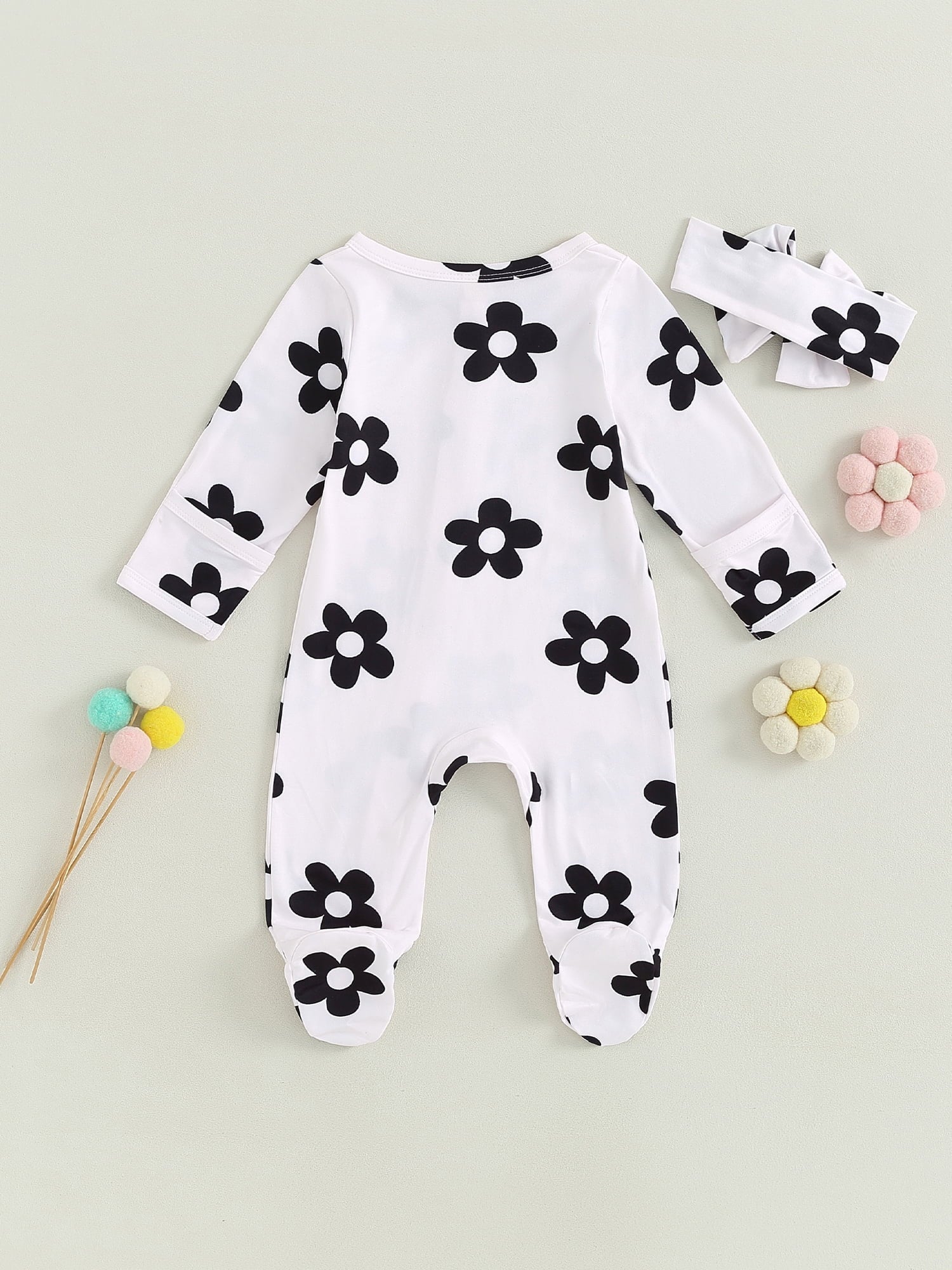 Canis Lovely Baby Girl 2Pcs Fall Outfits: Floral Print Zip Up Jumpsuit and Headband Ensemble