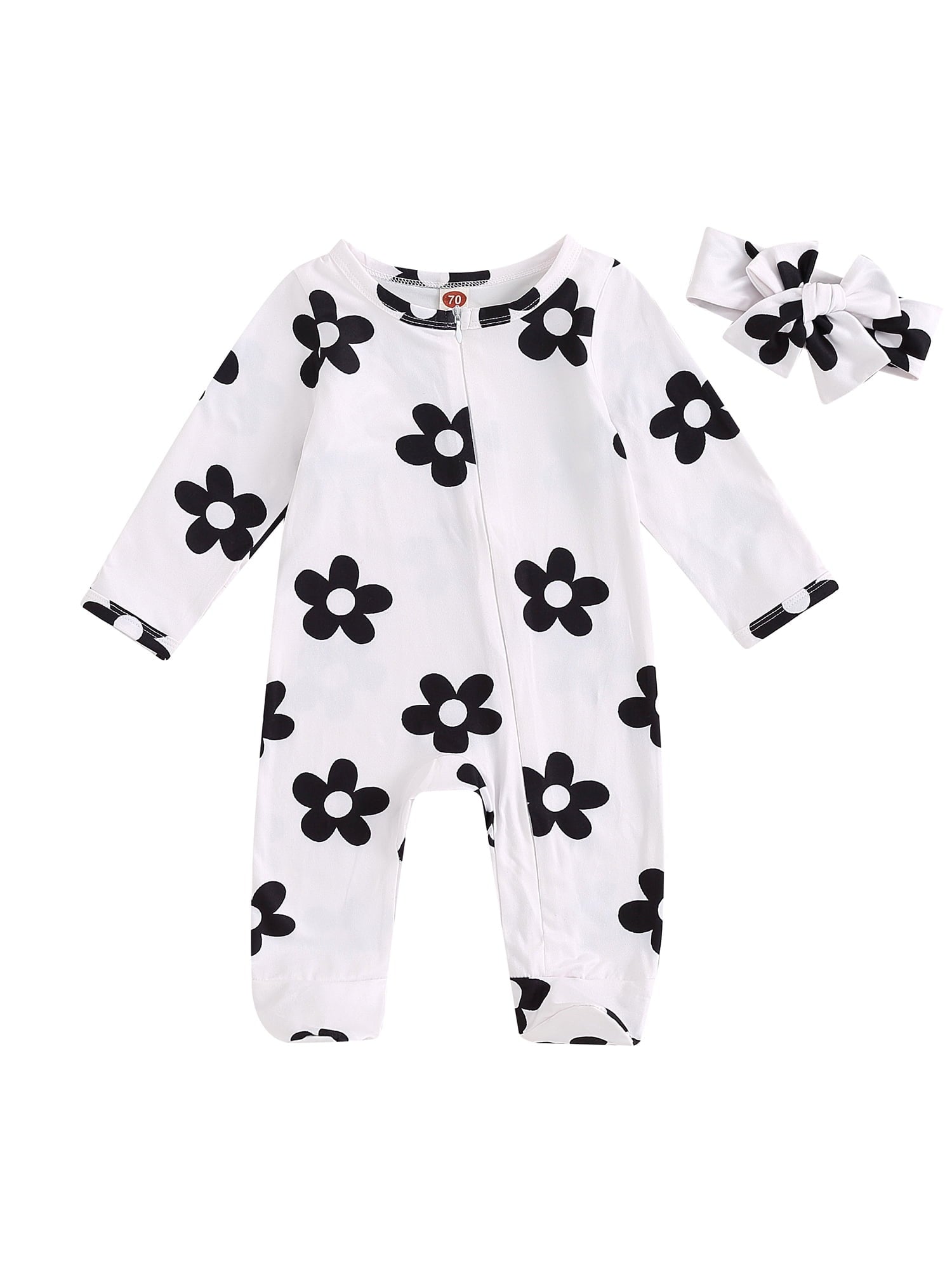 Canis Lovely Baby Girl 2Pcs Fall Outfits: Floral Print Zip Up Jumpsuit and Headband Ensemble