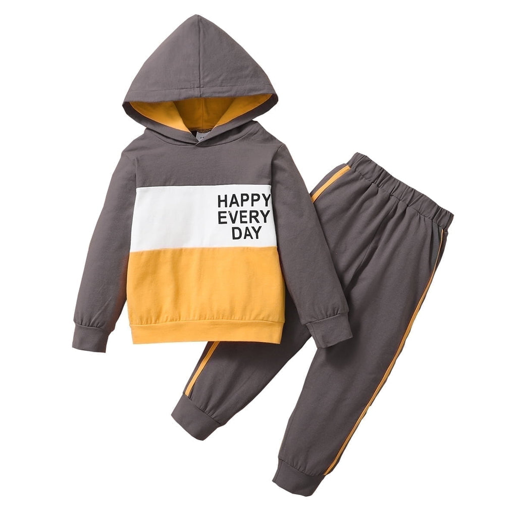 KIMI BEAR Infant Boys Outfits 18 Months Infant Boy Autumn Winter Outfits 24 Months Infant Boy Cozy Color-block Hooded Long Sleeve Top + Pants 2PCs Set Yellow