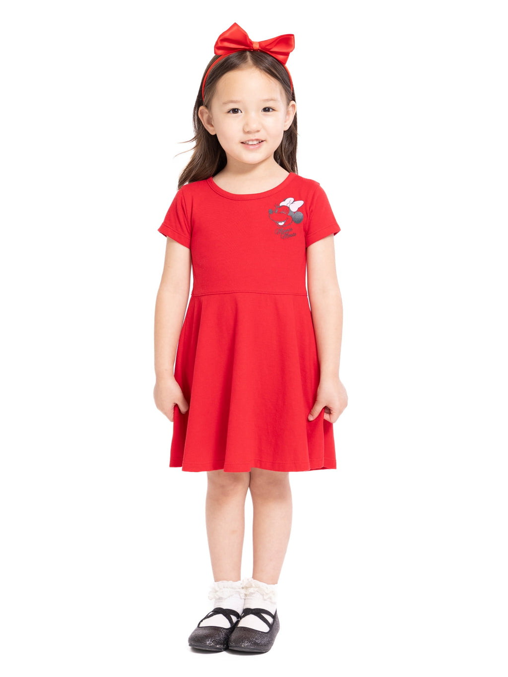 Minnie Mouse Toddler Girls Graphic Print Skater Dress with Short Sleeves, Sizes 12M-5T