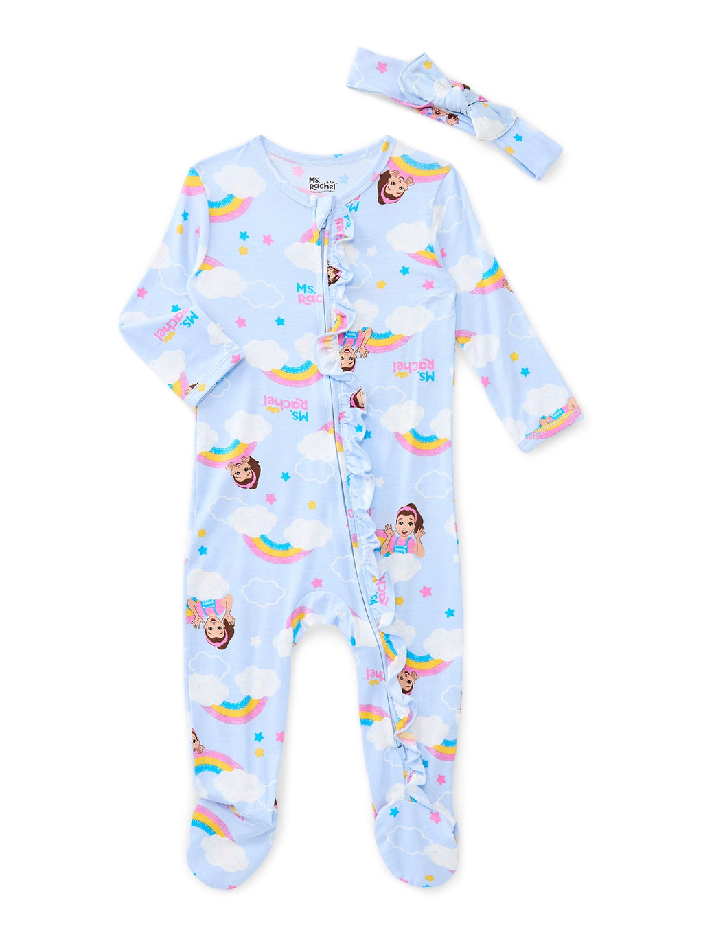 Ms. Rachel Baby Viscose Sleep Footed One-Piece with Bow Headband Set, 2-Piece, Sizes 0M–6/9M