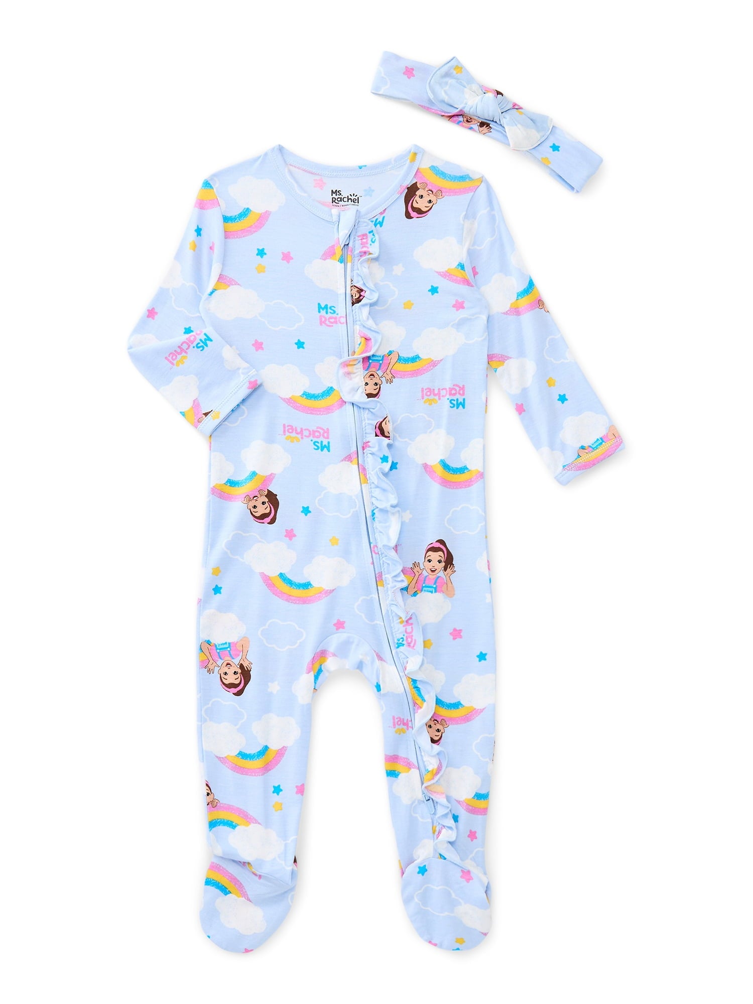 Ms. Rachel Baby Viscose Sleep Footed One-Piece with Bow Headband Set, 2-Piece, Sizes 0M–6/9M