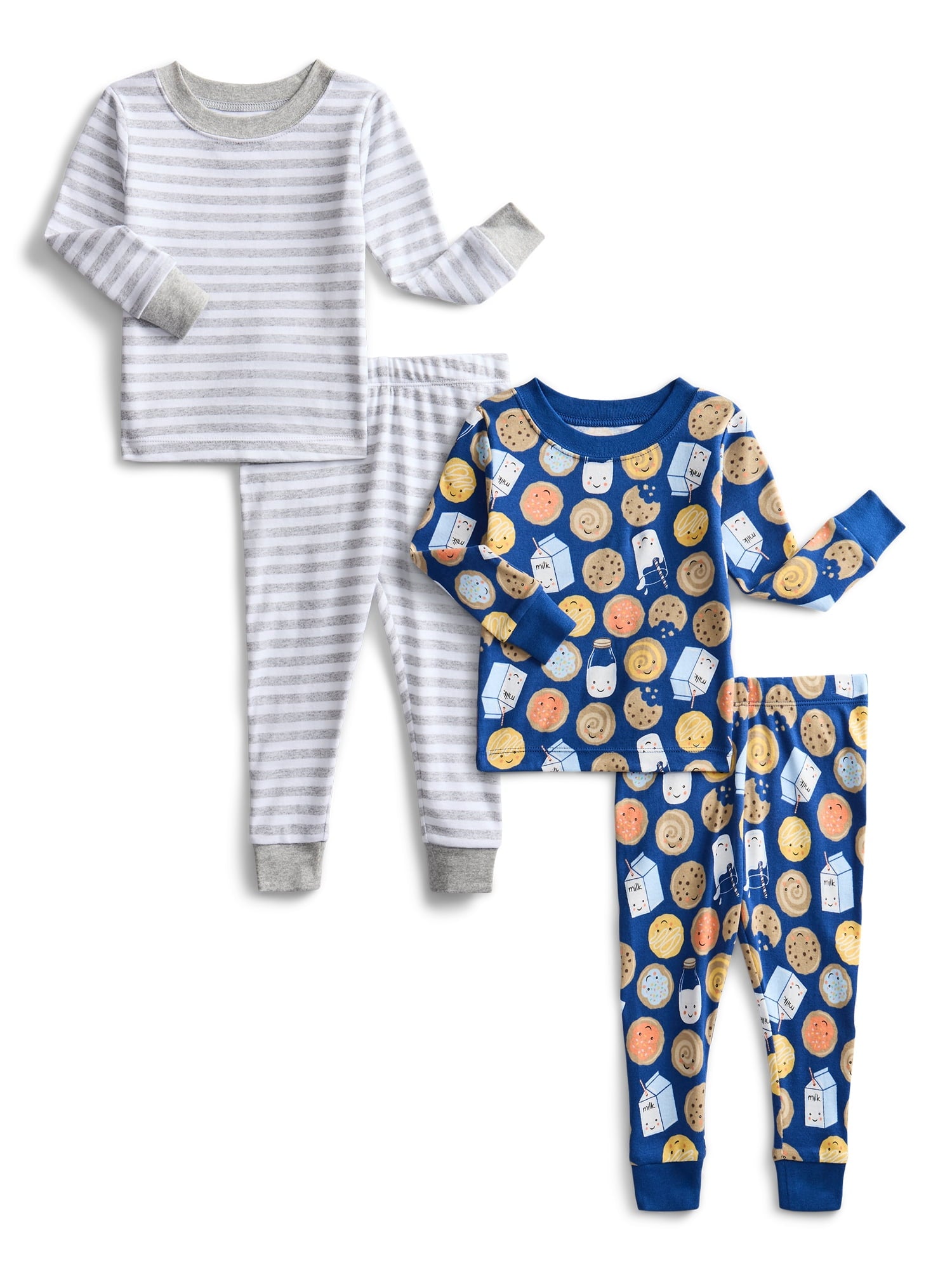 Wonder Nation Toddler Boys or Girls Cotton Snug Fit Long Sleeve Pajama Top and Pants Set, 4-Piece, Sizes 12M-5T