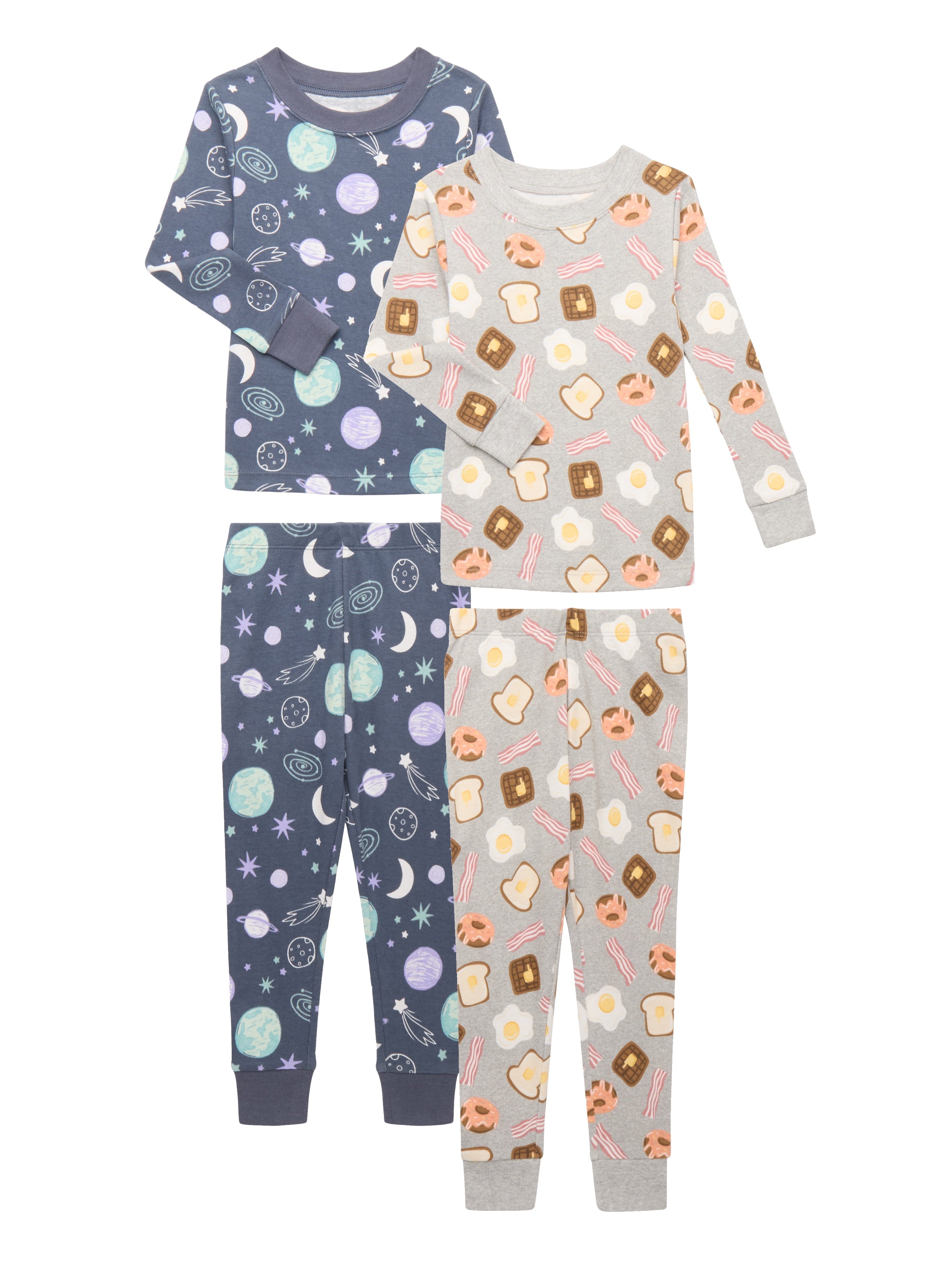 Wonder Nation Toddler Boys or Girls Cotton Snug Fit Long Sleeve Pajama Top and Pants Set, 4-Piece, Sizes 12M-5T