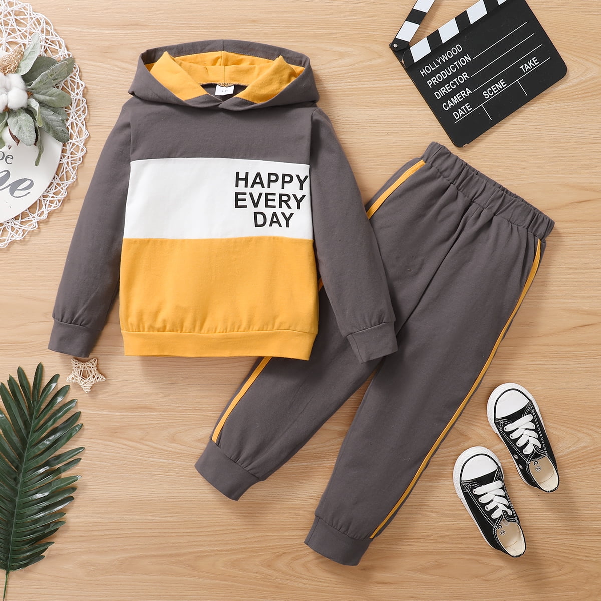 KIMI BEAR Infant Boys Outfits 18 Months Infant Boy Autumn Winter Outfits 24 Months Infant Boy Cozy Color-block Hooded Long Sleeve Top + Pants 2PCs Set Yellow